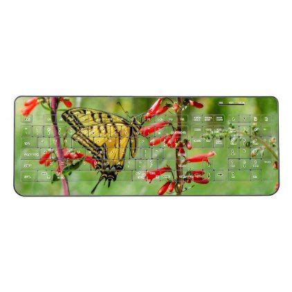 Tiger Swallowtail Butterfly And Wildflowers Wireless Keyboard Flowers