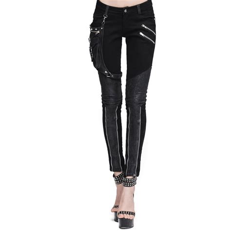 steampunk black leather pants gothic high waisted women trousers patchwork strentch skinny