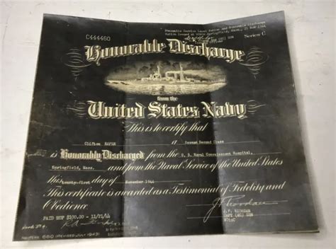 Vintage Wwii 1944 United States Navy Honorable Discharge Certificate