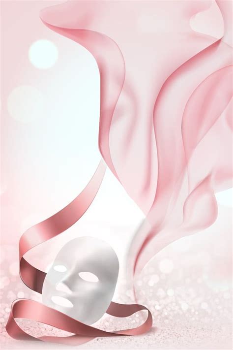 A White Mask With Pink Ribbon Around It On A Pink And Silver Background