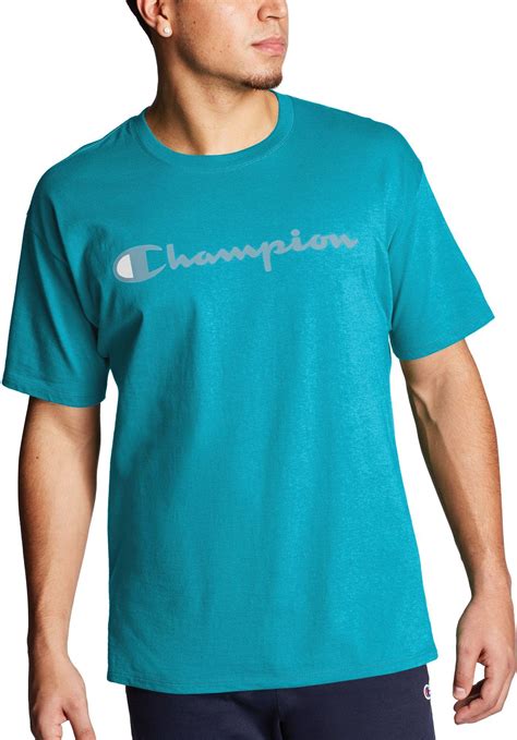 Champion Classic Jersey Script Logo Graphic T Shirt In Teal Blue For