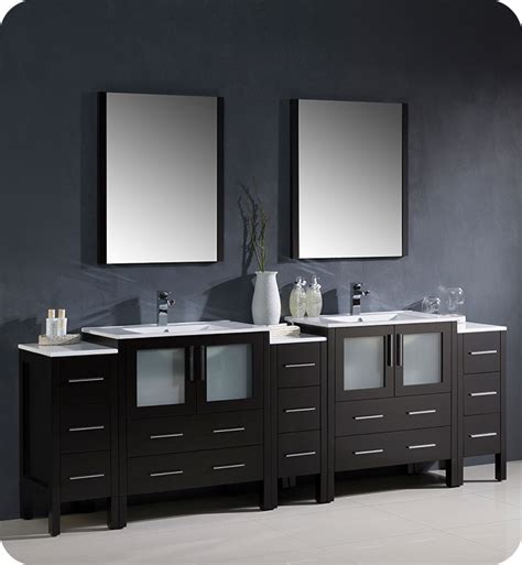 W the white finish on the windlowe 49 in. 96" Modern Double Sink Bathroom Vanity with Color, Faucet and Linen Side Cabinet Option