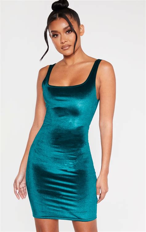 Emerald Green Velvet Square Neck Bodycon Dress Prettylittlething Aus