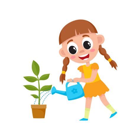 Royalty Free Small Gardener Girl Watering Plant In The Garden Clip Art