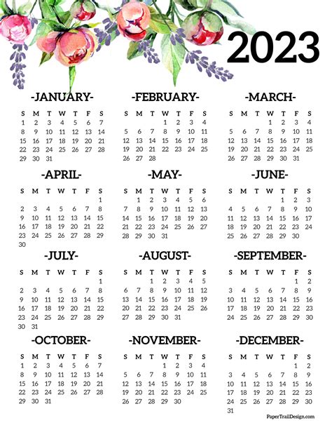 Calendar 2023 Printable One Page Paper Trail Design Printable Floral