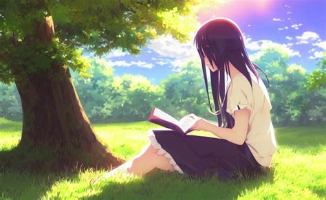 Prompthunt An Anime Girl Sitting Under A Tree Reading A Book Anime Scenery By Makoto Shinkai