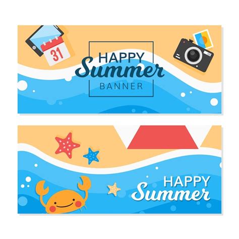 Happy Summer Banners With Elements In Flat Design Vector Free Download