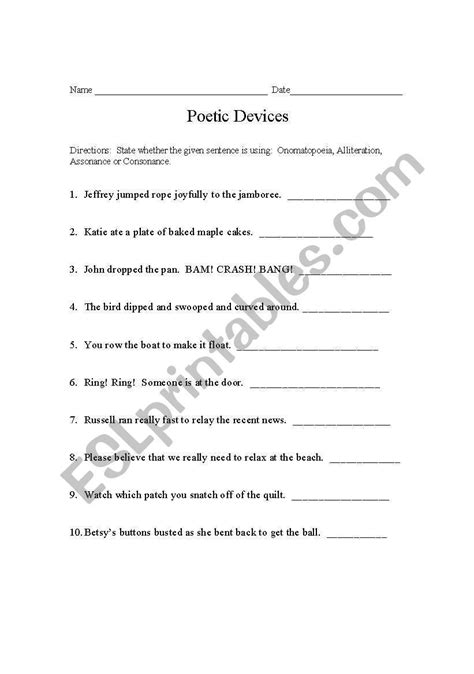 Poetic Devices Worksheet Grade 5