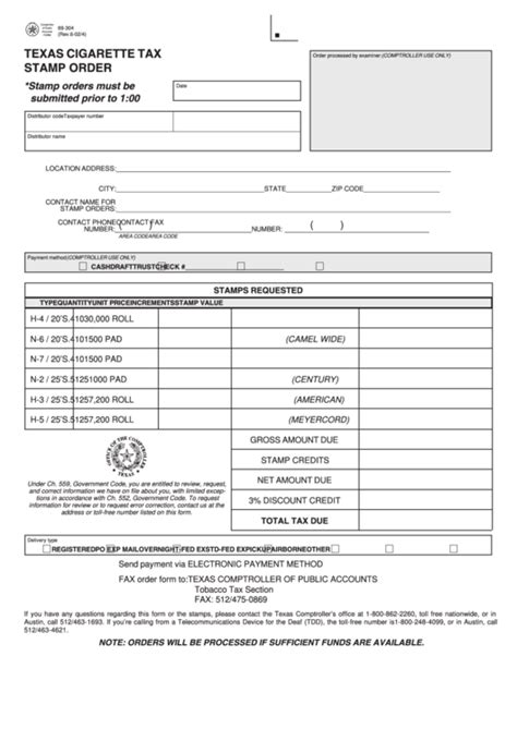 Get great deals on ebay! Fillable Form 69-304 - Texas Cigarette Tax Stamp Order ...