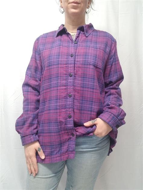 Ll Bean Womens Xl Purple Plaid Fleece Lined Flannel Button Down Shirt