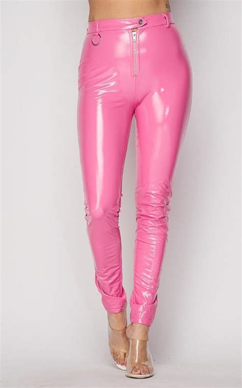 Button Up Waist Vinyl Faux Leather Pants Neon Pink