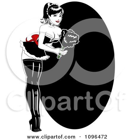 Sexy French Maid Pinup Woman Bending Over And Holding A Feather Duster Over A Black Oval