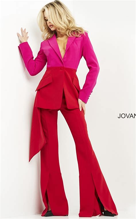 Jovani 04148 Red Fuchsia Asymmetric Two Piece Suit