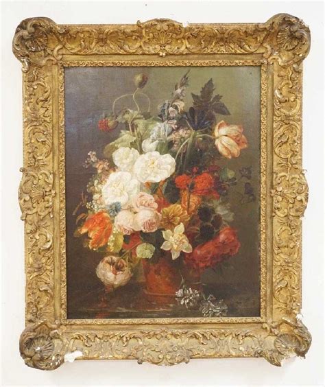 Antique Still Life Oil Painting On Canvas Of Flowers In