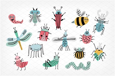 Funny Bugs Doodle Set And Pattern Happy Cartoon Doodles How To Draw