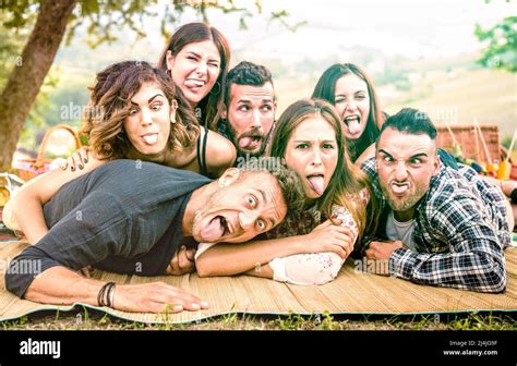 Millenial Friends Taking Selfie With Funny Faces At Pic Nic Barbecue Happy Youth Friendship
