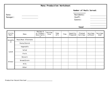 ️menu Production Worksheet Free Download