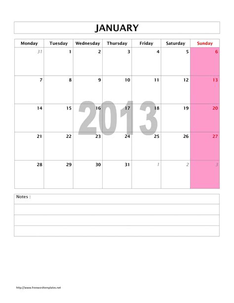 2013 Monthly Calendar