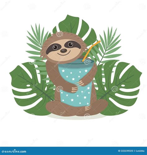 Cute Character Sloth Holding A Glass With A Drink Color Isolated