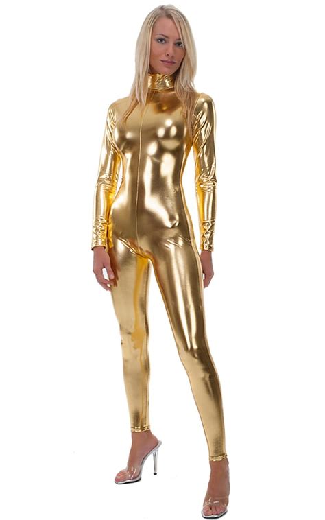 Back Zipper Catsuit Bodysuit In Metallic Liquid Gold Skinzwear Com