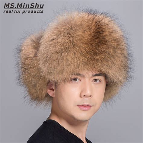 Ms Minshu Genuine Raccoon Fur Hat With Sheepskin Leather Outer Shell Real Fur Hat Russian Fur