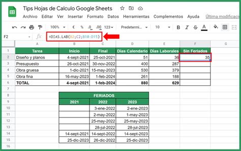 Calcular D As Calendario Entre Dos Fechas En Google Sheets Tips Hojas De C Lculo Google Sheets