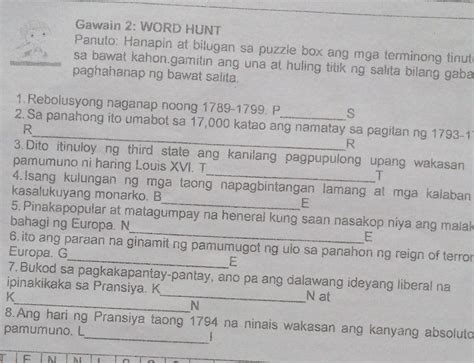 Gawain Word Hunt Panuto Hanapin At Bilugan Sa Puzzle Box Ang Mga