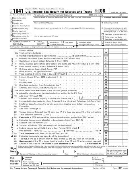 Form 1041 Us Income Tax Return For Estates And Trusts Form 1041