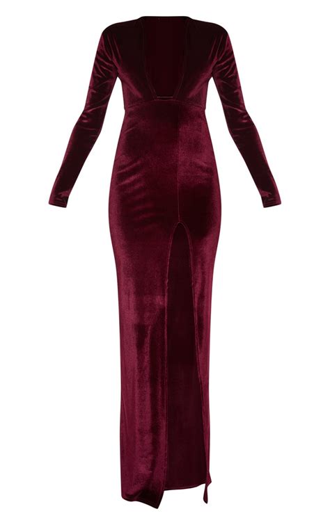 Burgundy Velvet Plunge Split Maxi Dress Prettylittlething