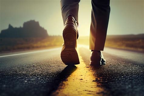 Premium Photo Close Up Of Mans Feet Walking On The Road At