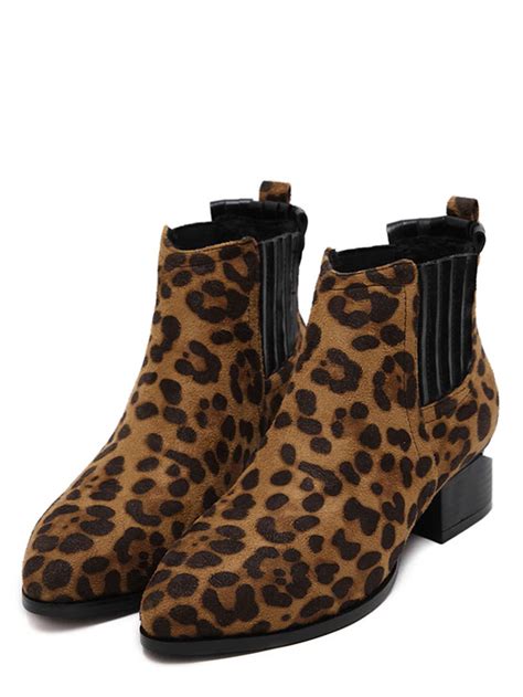 Leopard Faux Suede Point Toe Elastic Ankle Boots Sheinsheinside