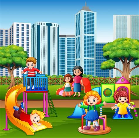 Cartoon Kids Having Fun Together On Playground Playground Cartoon
