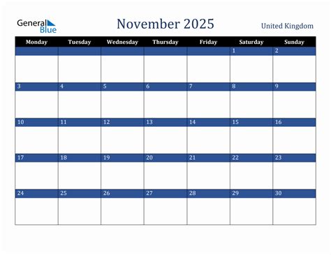 November 2025 United Kingdom Holiday Calendar
