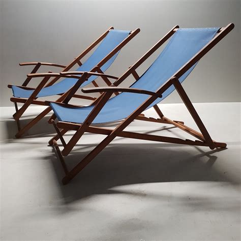 Pair Wooden Folding Beach Chairs With Canvas Upholstery 92436