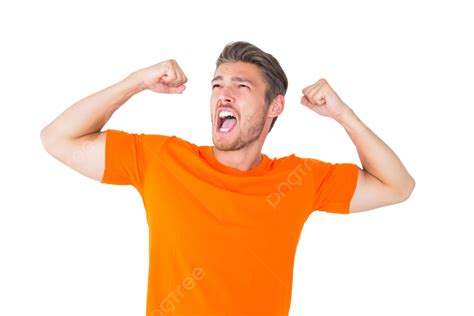 Excited Man In Orange Cheering Attractive Handsome Excited Caucasian