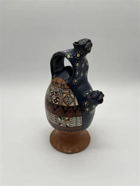 Vintage Cusco Peru Art Pottery Chicha Jaguar Llamas Jug Pitcher Hand Painted Picclick