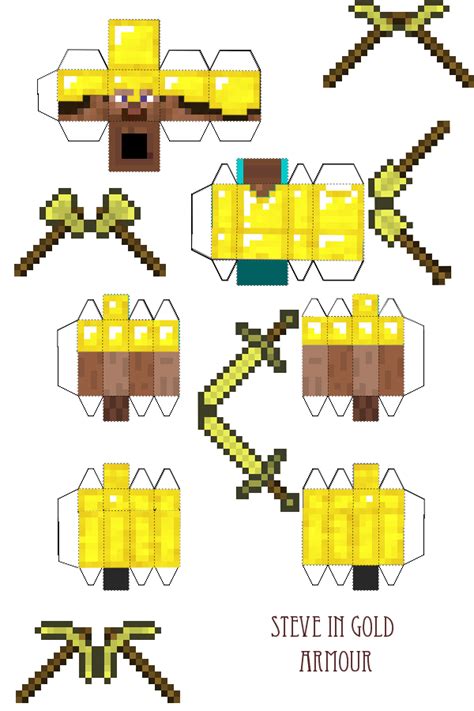 Papercraft Steve In Gold Armour With Tools Minecraft Para Colorir