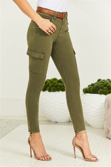 Khaki Green Zip Detail Cargo Skinny Jeans