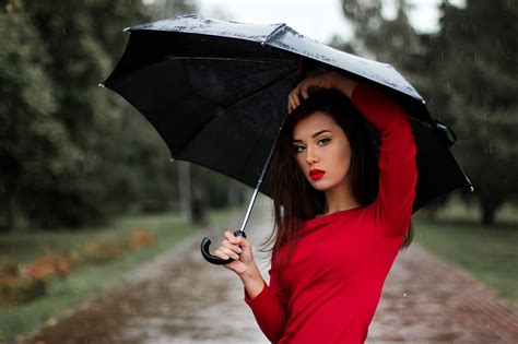 Beautiful Woman In Red Shirt And Umbrella In The Rain Image Free