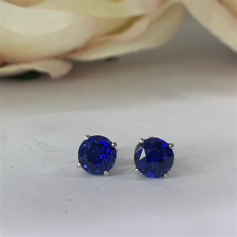 Round Blue Sapphire Stud Earrings Ctw In K White Gold Etsy
