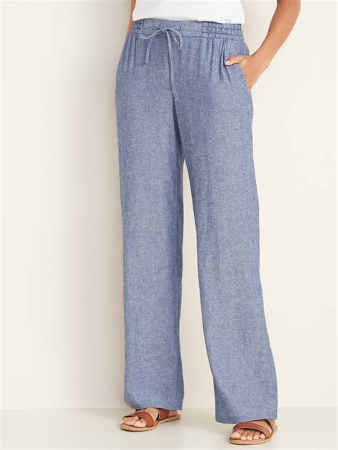 Old Navy Mid Rise Wide Leg Linen Blend Pull On Pants In Chambray Blue Most Comfortable Pants