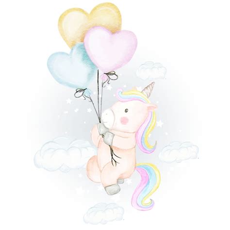 Premium Vector Unicorns Fly With Heart Balloon Watercolor Illustration
