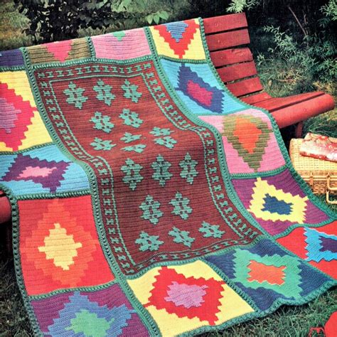 Vintage Crochet Pattern Indian Aztec Kelim Afghan Throw Etsy