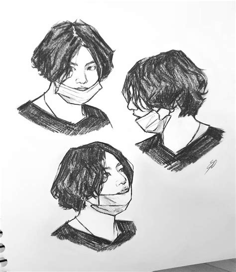 Three Drawings Of People With Masks On Their Faces