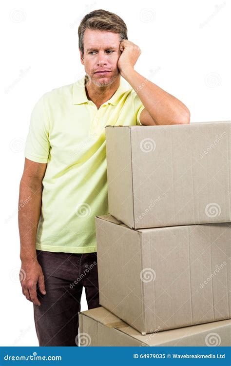Sad Man Standing By With Boxes Stock Image Image Of Male Person