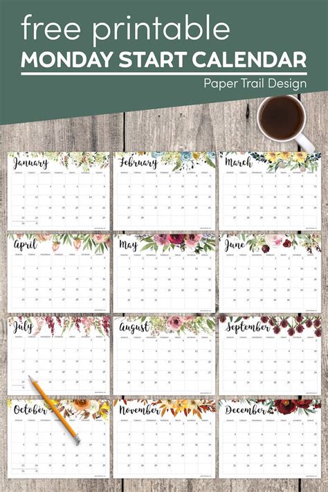2023 Monday Start Floral Calendar Paper Trail Design Free Printable