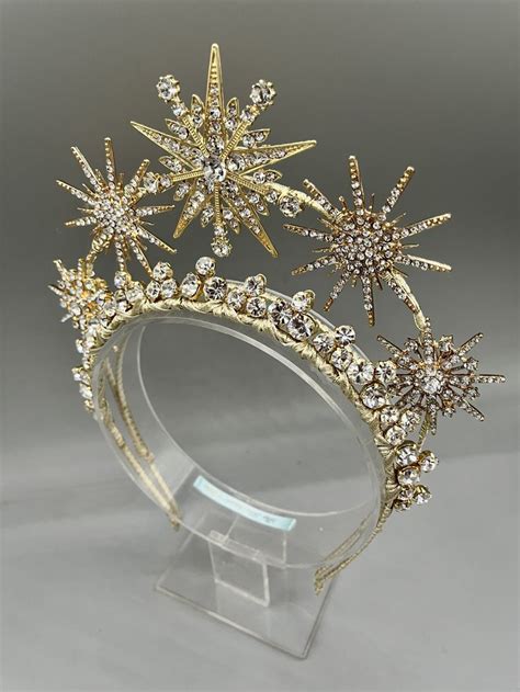 gold star halo crown for a celestial wedding cosmic tiara headpiece constellation headband