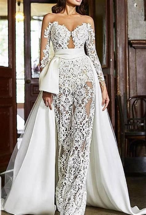 White Bridal Prom Lace Jumpsuit With Overskirt Scape Wedding Etsy In