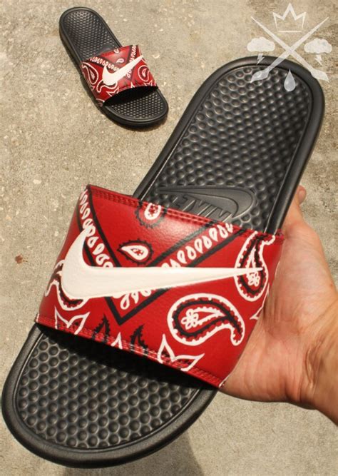Nike Custom Red Bandana Benassi Swoosh Slide By Drippedcustomz