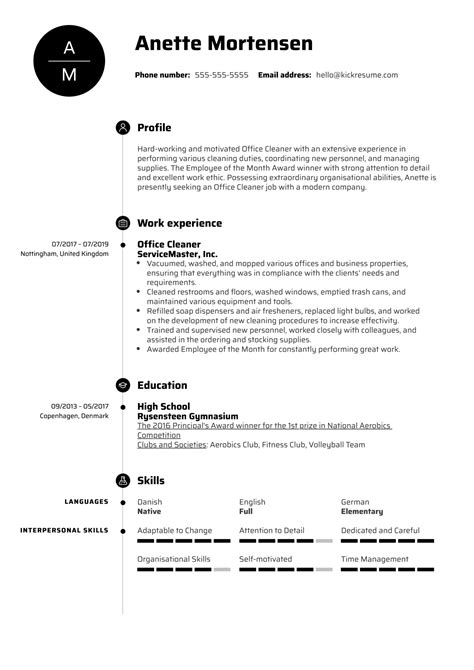 Cleaners are responsible for cleaning buildings, removing debris, and keeping areas neat and tidy. Office Cleaner Resume Example | Kickresume